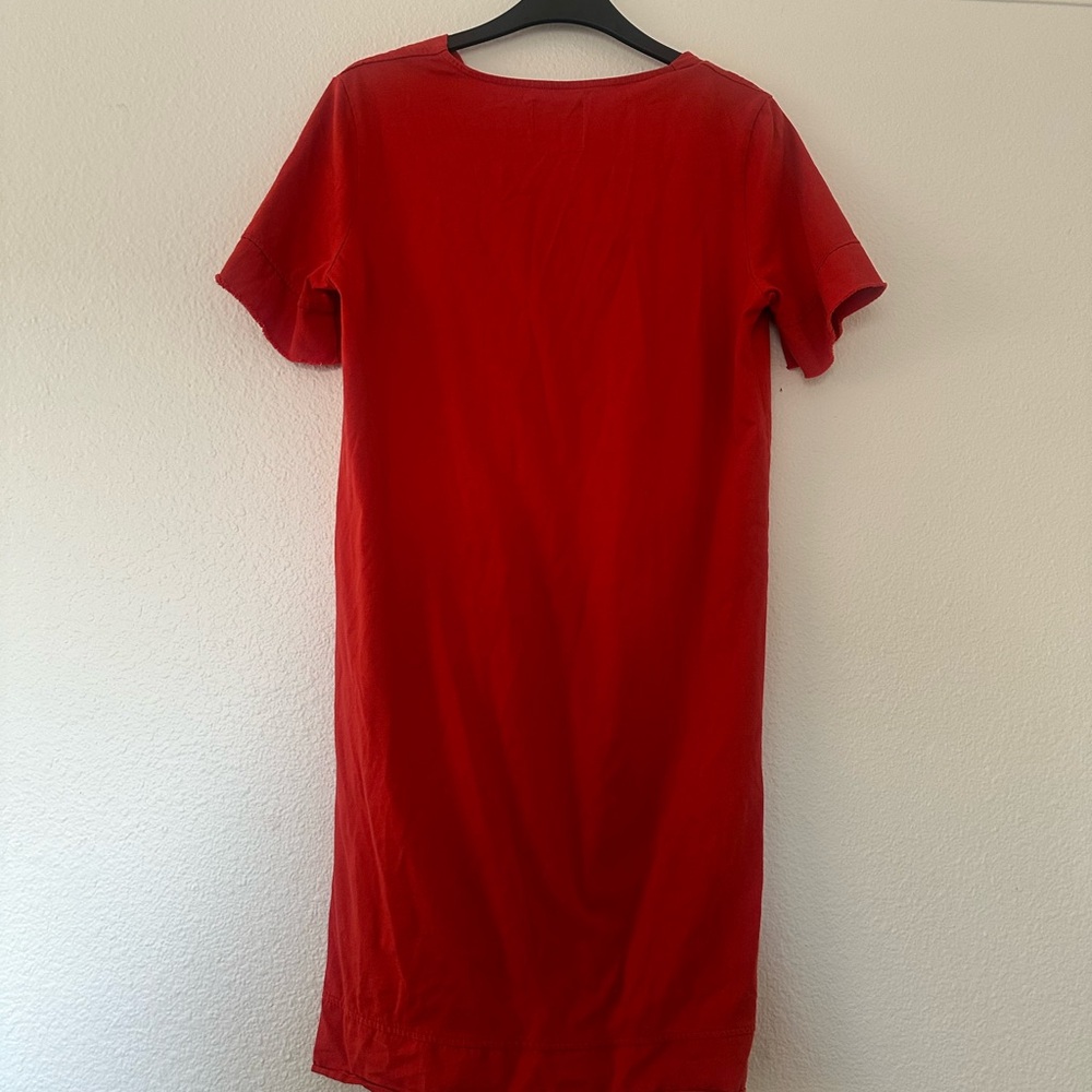 Zara Red Cotton Short Sleeve Raw Hem Pullover V-Nevk Shift Dress - Picture 3 of 3